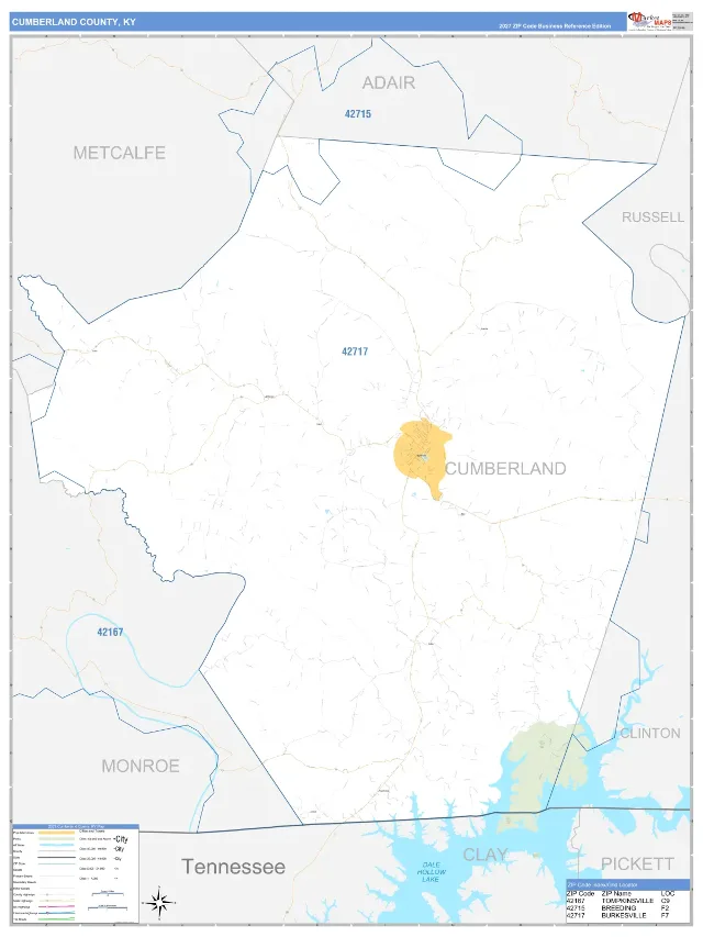 Cumberland County, KY ZIP Code Wall Map, Business Reference style