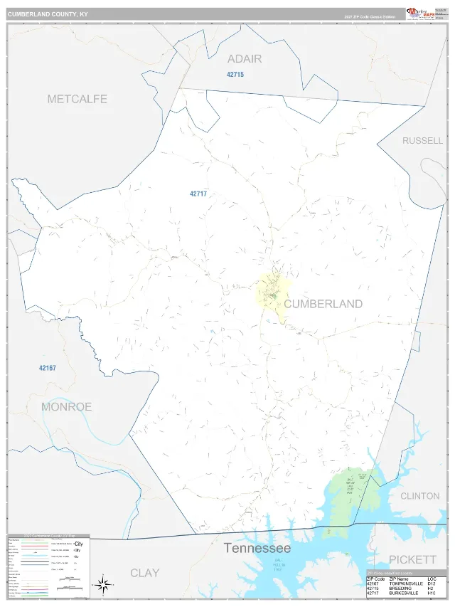 Cumberland County, KY ZIP Code Wall Map, Classic style