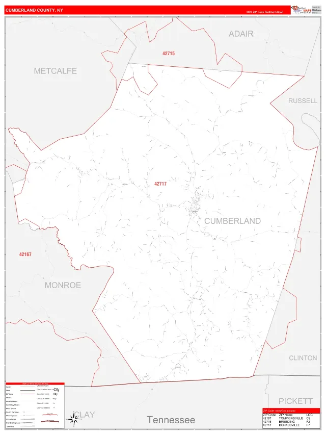 Cumberland County, KY ZIP Code Wall Map, RedLine style
