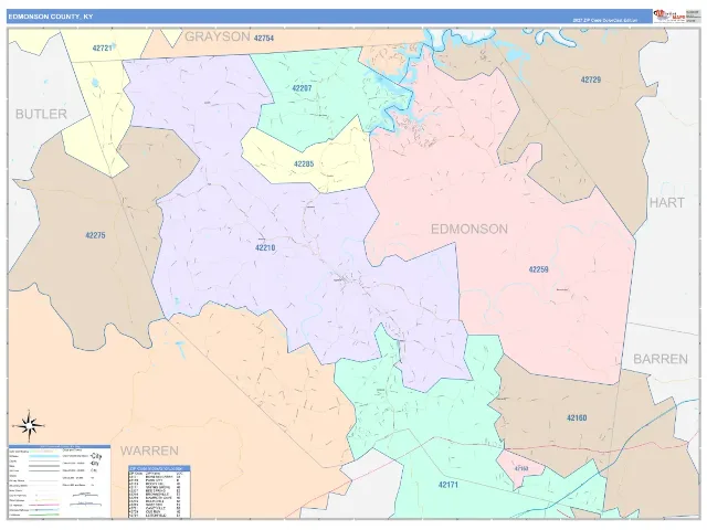 Edmonson County, KY ZIP Code Wall Map, ColorCast style