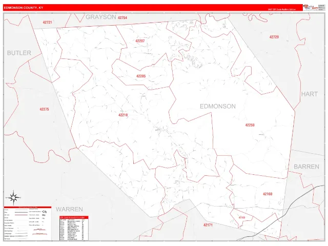 Edmonson County, KY ZIP Code Wall Map, RedLine style