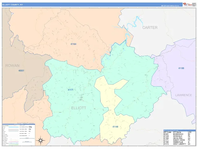 Elliott County, KY ZIP Code Wall Map, ColorCast style