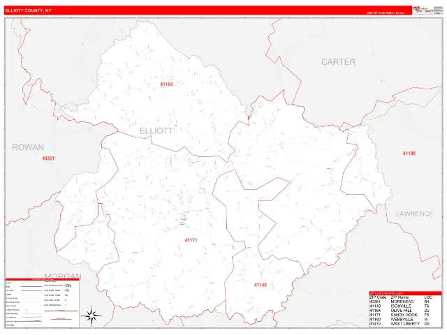 Elliott County, KY ZIP Code Wall Map, RedLine style