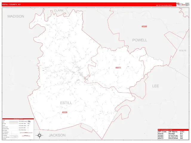 Estill County, KY ZIP Code Wall Map, RedLine style