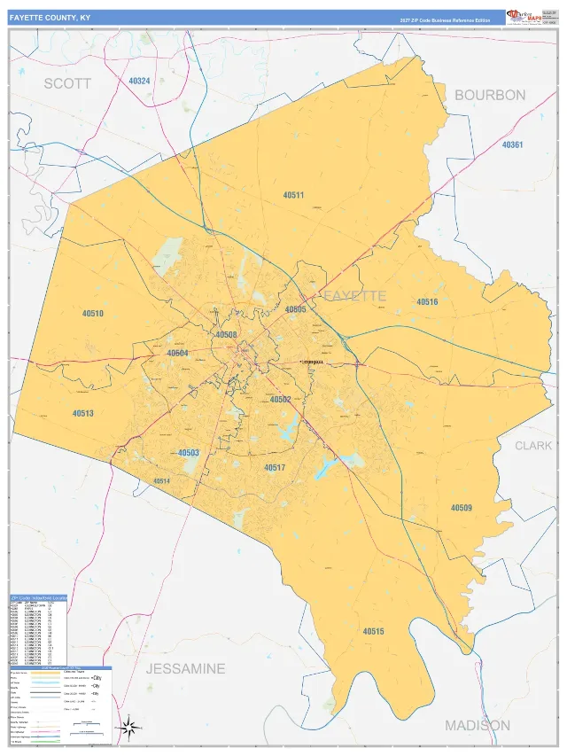Fayette County, KY ZIP Code Wall Map, Business Reference style