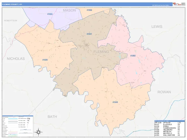 Fleming County, KY ZIP Code Wall Map, ColorCast style