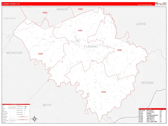 Fleming County, KY ZIP Code Wall Map, RedLine style