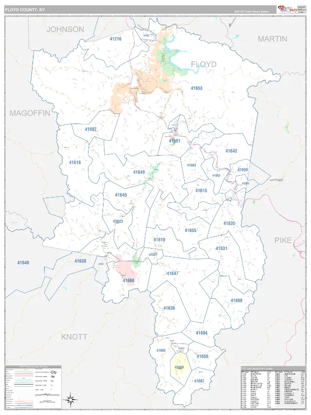 Floyd County, KY ZIP Code Wall Map, Classic style