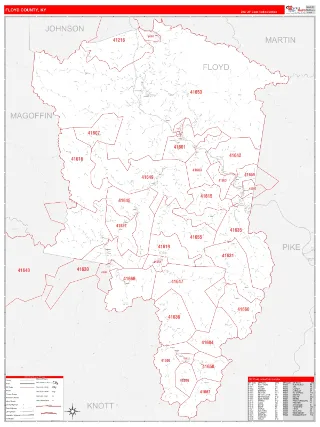 Floyd County, KY RedLine style ZIP Code wall map