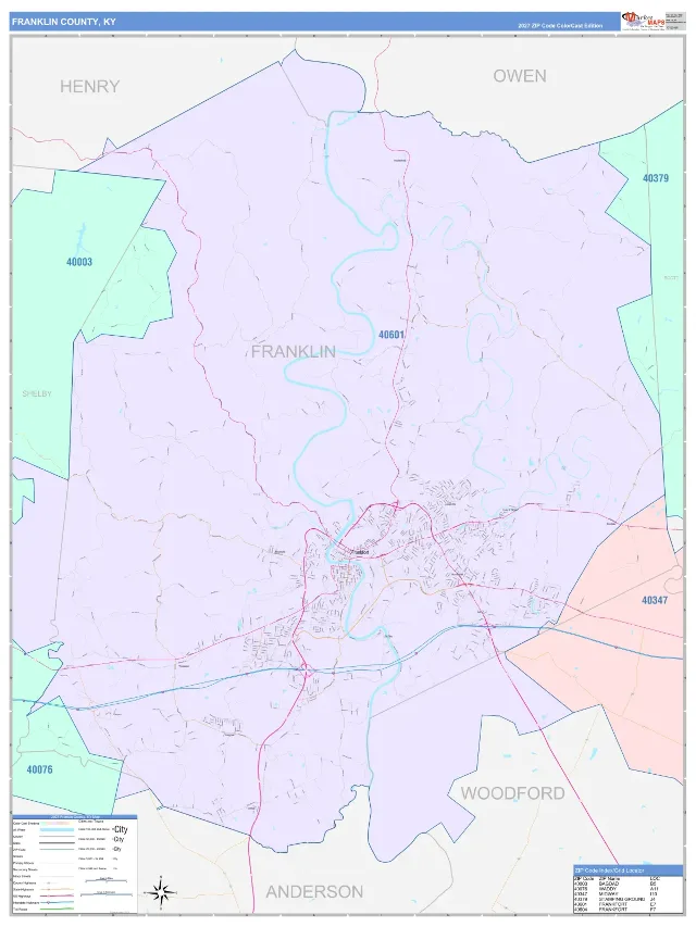 Franklin County, KY ZIP Code Wall Map, ColorCast style