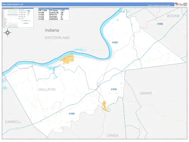 Gallatin County, KY ZIP Code Wall Map, Business Reference style