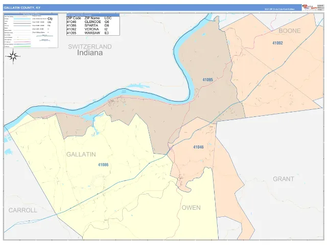 Gallatin County, KY ZIP Code Wall Map, ColorCast style