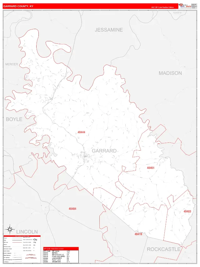 Garrard County, KY ZIP Code Wall Map, RedLine style
