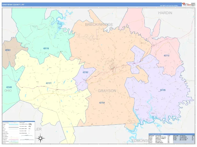 Grayson County, KY ZIP Code Wall Map, ColorCast style