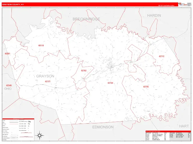 Grayson County, KY ZIP Code Wall Map, RedLine style