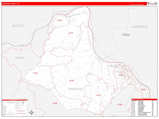 Greenup County, KY ZIP Code Wall Map, RedLine style