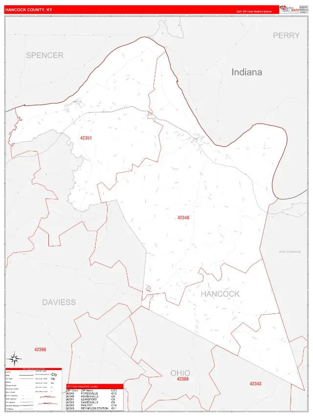 Hancock County, KY ZIP Code Wall Map, RedLine style