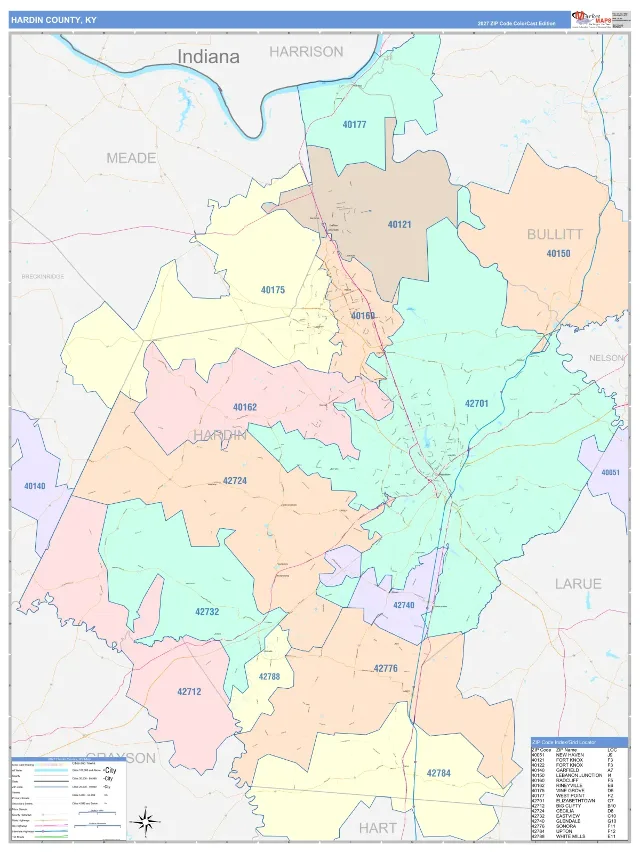 Hardin County, KY ZIP Code Wall Map, ColorCast style