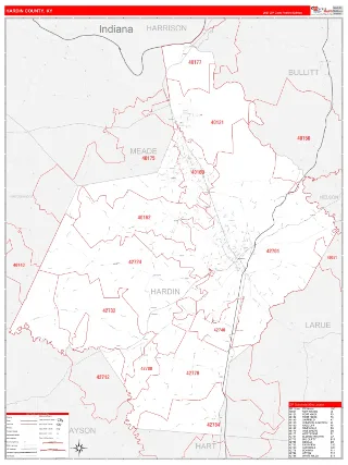 Hardin County, KY RedLine style ZIP Code wall map