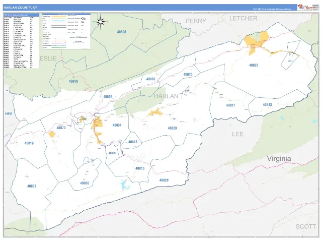 Harlan County, KY ZIP Code Wall Map, Business Reference style