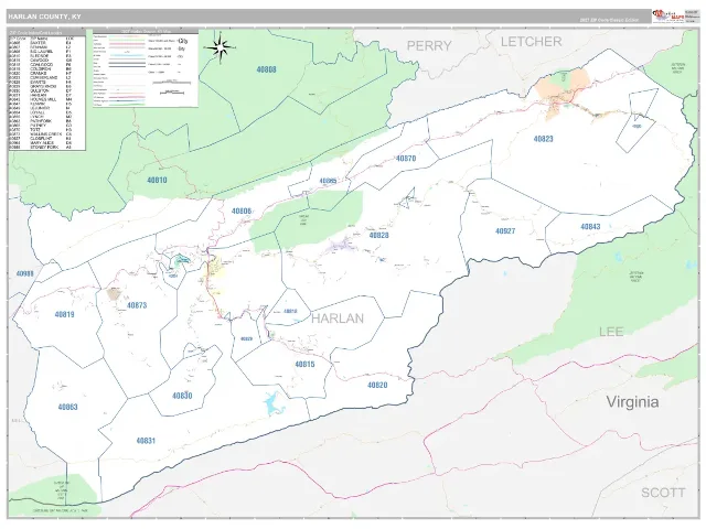 Harlan County, KY ZIP Code Wall Map, Classic style