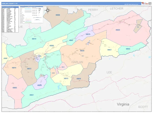 Harlan County, KY ZIP Code Wall Map, ColorCast style