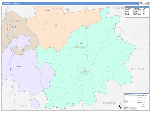 Harrison County, KY ZIP Code Wall Map, ColorCast style