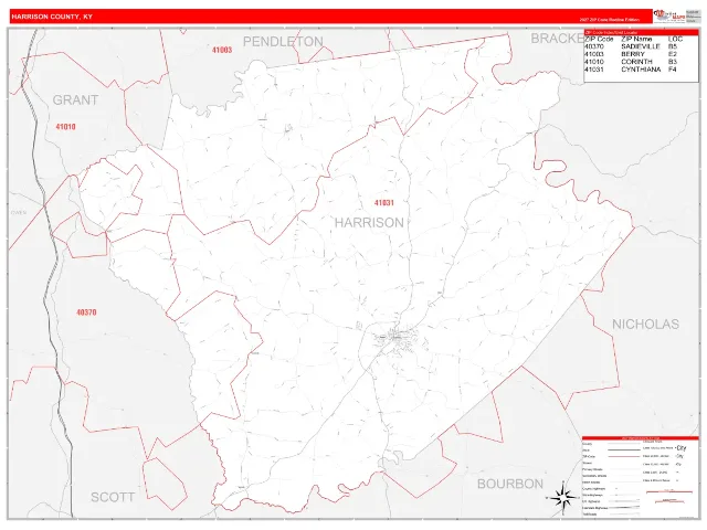Harrison County, KY ZIP Code Wall Map, RedLine style
