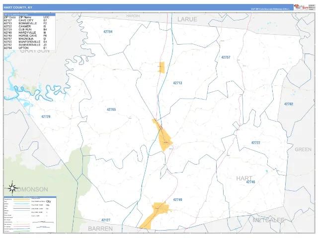 Hart County, KY ZIP Code Wall Map, Business Reference style