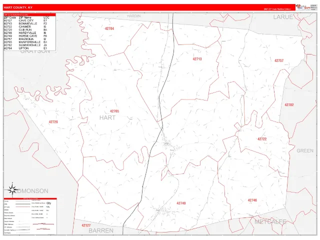 Hart County, KY ZIP Code Wall Map, RedLine style