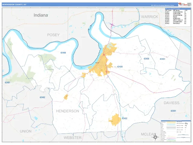 Henderson County, KY ZIP Code Wall Map, Business Reference style