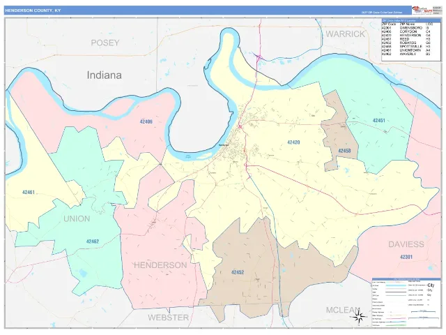 Henderson County, KY ZIP Code Wall Map, ColorCast style