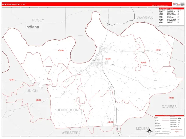 Henderson County, KY ZIP Code Wall Map, RedLine style