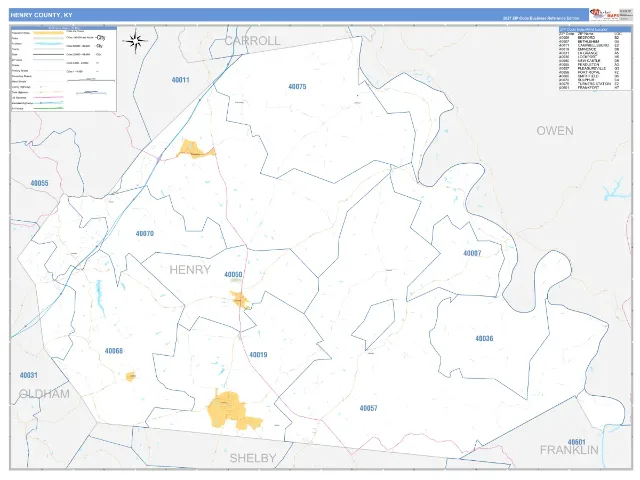 Henry County, KY ZIP Code Wall Map, Business Reference style
