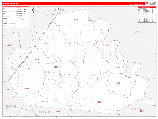 Henry County, KY ZIP Code Wall Map, RedLine style