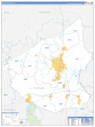 Hopkins County, KY Business Reference style ZIP Code wall map