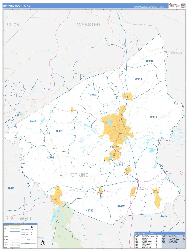 Hopkins County, KY ZIP Code Wall Map, Business Reference style