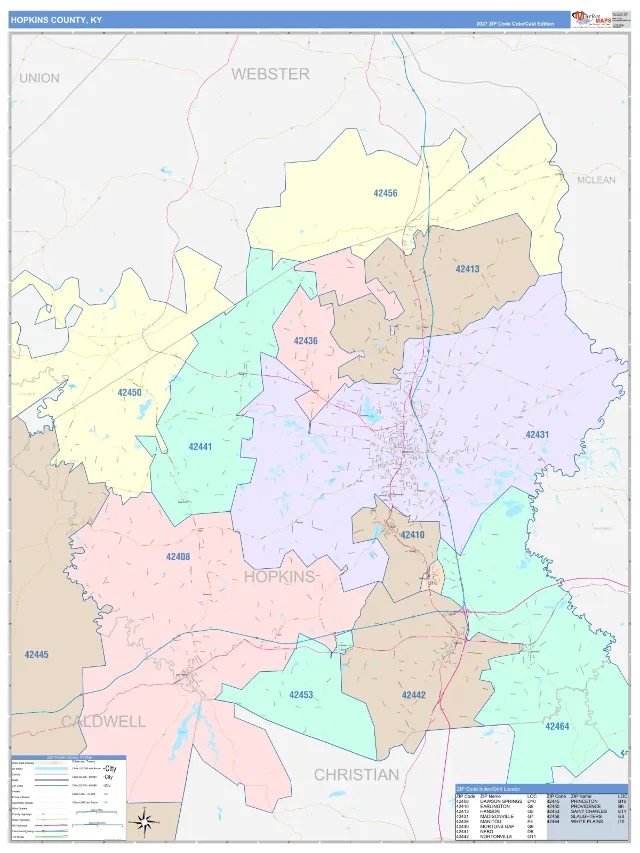 Hopkins County, KY ZIP Code Wall Map, ColorCast style