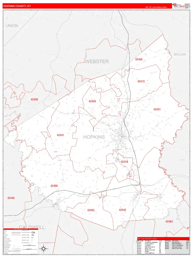 Hopkins County, KY ZIP Code Wall Map, RedLine style