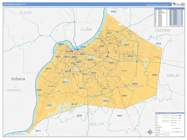 Jefferson County, KY ZIP Code Wall Map, Business Reference style