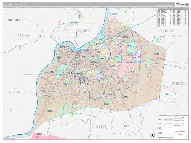 Jefferson County, KY ZIP Code Wall Map, Classic style