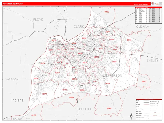 Jefferson County, KY ZIP Code Wall Map, RedLine style