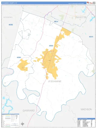 Jessamine County, KY Business Reference style ZIP Code wall map