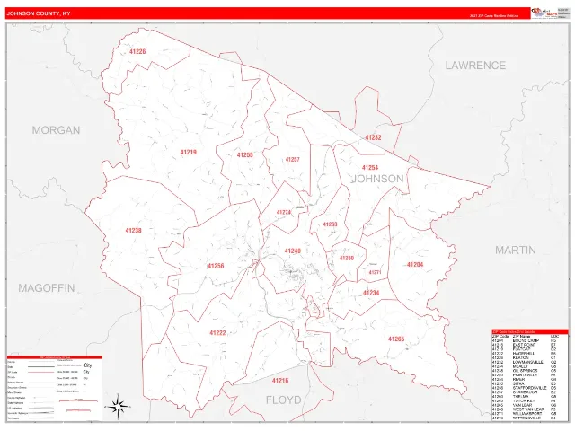 Johnson County, KY ZIP Code Wall Map, RedLine style