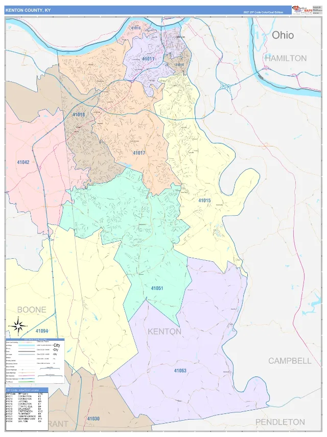 Kenton County, KY ZIP Code Wall Map, ColorCast style