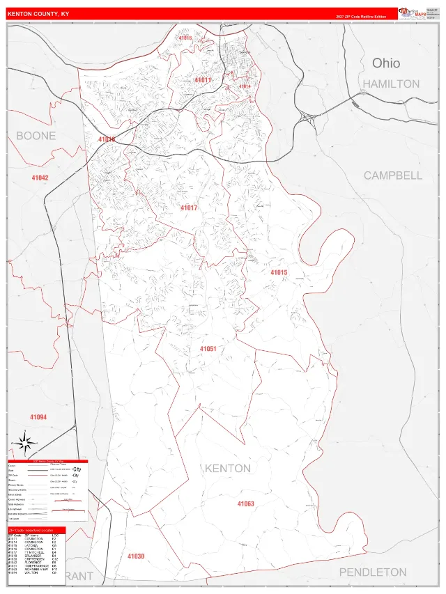 Kenton County, KY ZIP Code Wall Map, RedLine style