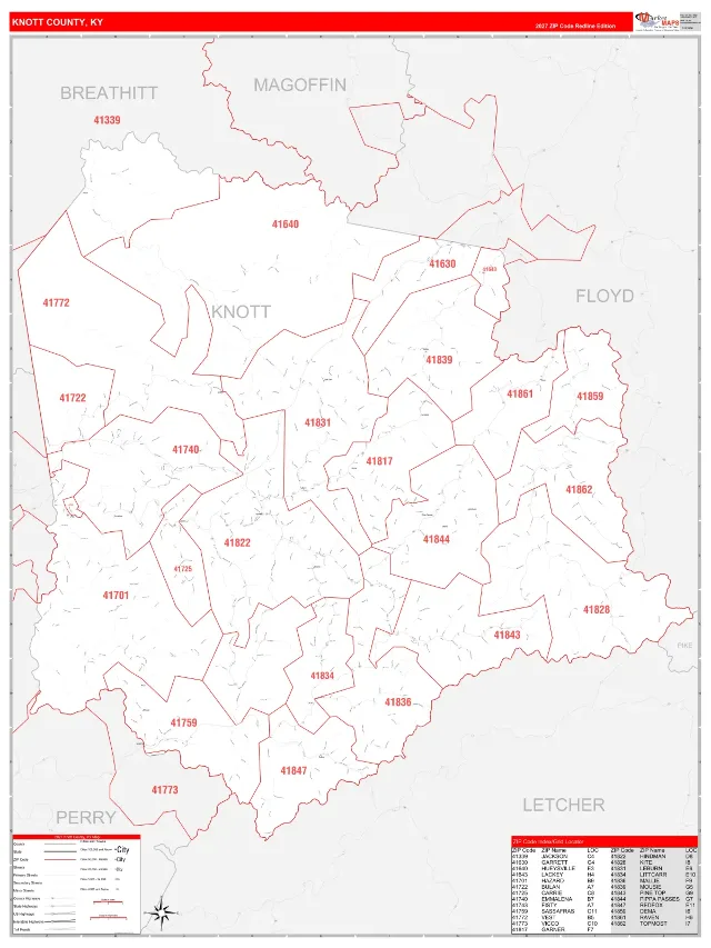 Knott County, KY ZIP Code Wall Map, RedLine style