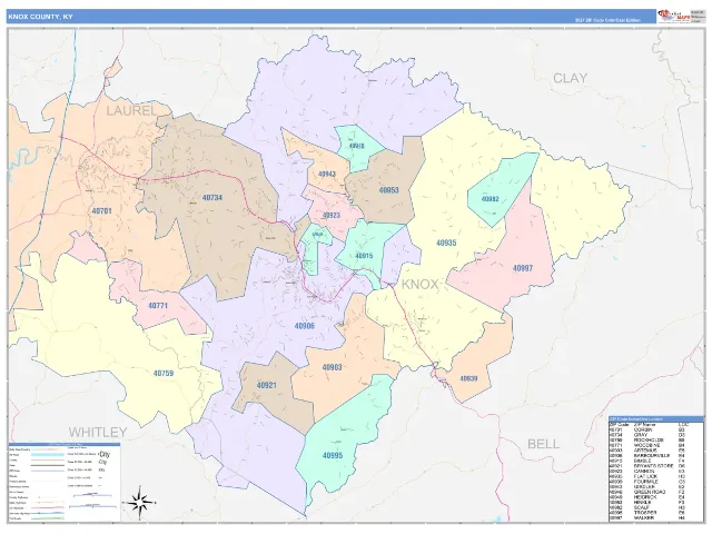 Knox County, KY ZIP Code Wall Map, ColorCast style