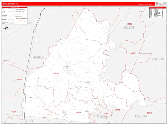 Larue County, KY ZIP Code Wall Map, RedLine style