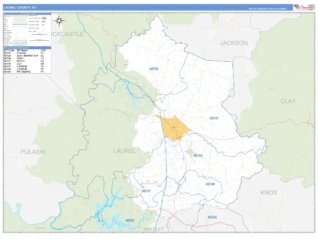 Laurel County, KY ZIP Code Wall Map, Business Reference style